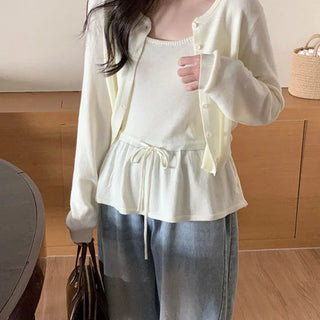 Layered Frill Sleeveless Knit Cardigan Set