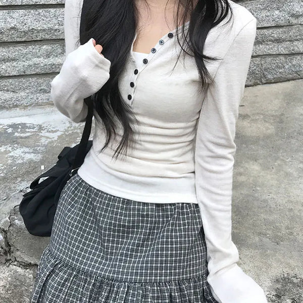 Classic Front Button Glam Long Sleeve Tee