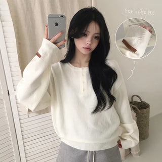 Soft, Henley Neck Button Leather Label Round Delicate Avant-garde Loose Fit Wool Long Sleeve Knit
