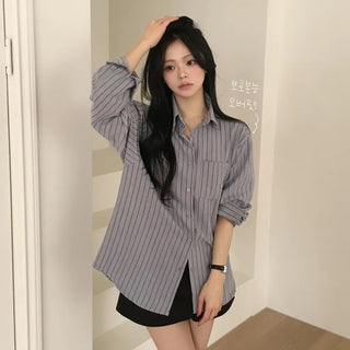 Protective Instinct Oversized, Suede Striped Pocket Boxy Loose Fit Blouse Long Sleeve Shirt