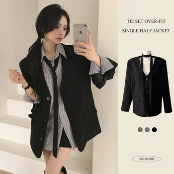 Feminine Mood, Choker Set Wedding Guest Look Collarless Boxy Loose Oversized Single Half Jacket