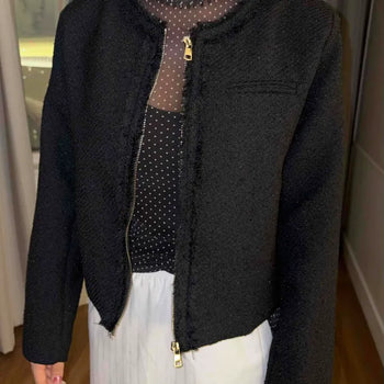 Round Neck Tweed Zip-Up Crop Jacket