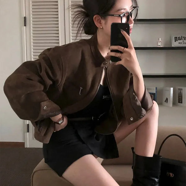 Tail Suede Mandarin Collar Crop Loose Fit Jacket
