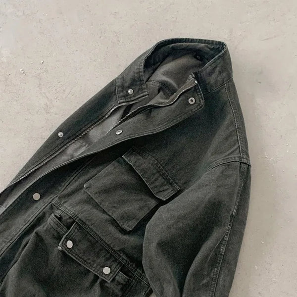 ◈Unisex◈Oversized Vintage Field Jacket High Neck Washed Jacket Outerwear Denim Denim Jacket Unisex Pigment Half Jumper