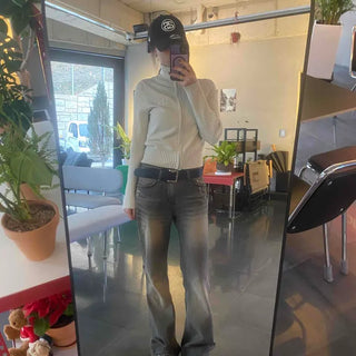 Low-rise Washed Straight Flare Denim Long Pants
