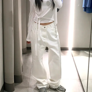 Cream Wide White Jeans Denim - Cream Wide White Straight Loose Fit Denim Pants