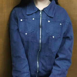 Oversized Two-Pocket Collared Zip-Up Denim Jacket