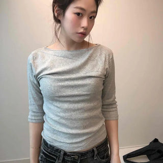 Slim Fit 3/4 Boat Neck Simple Short Sleeve T-shirt
