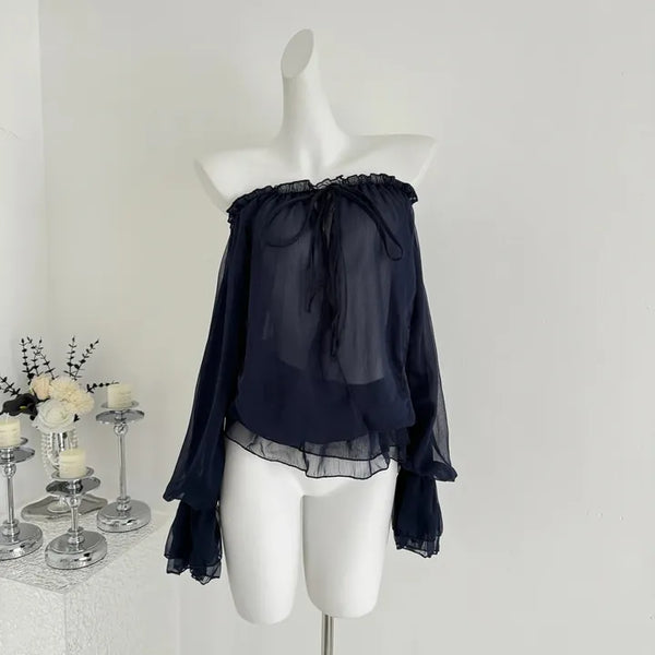 Blanc Shirred Off-Shoulder Blouse / Mini Chiffon Dress Delicate Fit Loose Fit Spring Clothes
