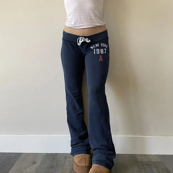 New York Lettering Low-Rise Bootcut Training Pants / Vintage y2k Low-Waist Sweatpants Summer Pants