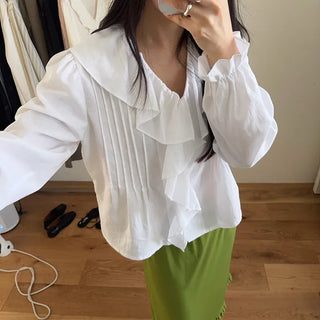 Fore Pintuck Shirred Ruffle Collar Puff V-Neck Cotton Long Sleeve Blouse