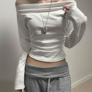 Off-shoulder Slim Fit Shirred Crop Long Sleeve T-shirt