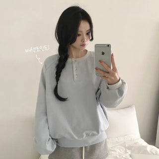 Lovely Mood, Color Block Raglan Henley Neck Button Round Neck Protective Instinct Avant-garde Loose Fit Plain Sweatshirt
