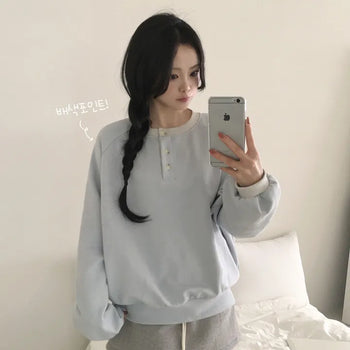 Lovely Mood, Color Block Raglan Henley Neck Button Round Neck Protective Instinct Avant-garde Loose Fit Plain Sweatshirt