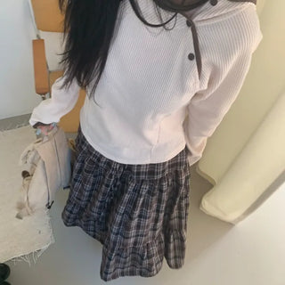 Louve Button Asymmetrical High-Neck Waffle Hoodie