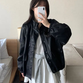 String Oversized Half Leather Jacket  Spring Transitional Outerwear