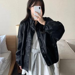 String Oversized Half Leather Jacket  Spring Transitional Outerwear