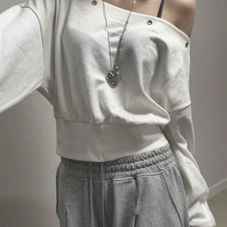 Eyelet Asymmetrical Off-Shoulder Loose Fit Sweatshirt