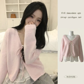Guaranteed Beauty, Frill Flare Sleeveless Mini Dress + Soft V-Neck Ribbon Strap Delicate Loose Fit Knit Cardigan Layered Two-Piece Set