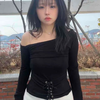 Slim Fit Off-Shoulder Long Sleeve T-Shirt with Lace-up Hem