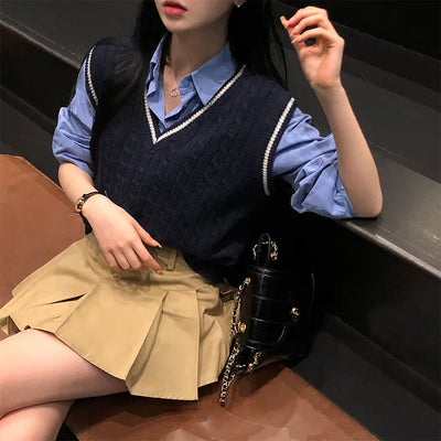 Oversized Goddess V-Neck Contrast Cable Knit Vest