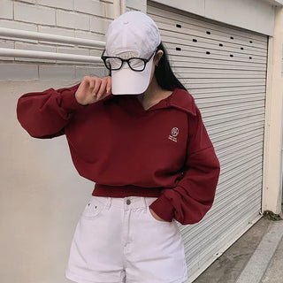 Collared Crop Embroidered Sweatshirt