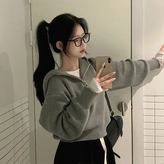 Natural Hooded Half-Zip Crop Knit