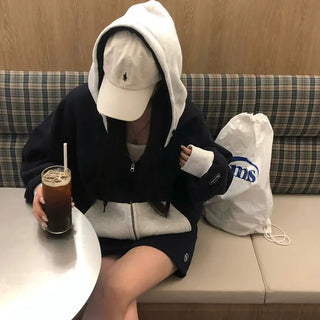 Two-Tone Color Block Double Fleece Boxy Zip-Up Hoodie