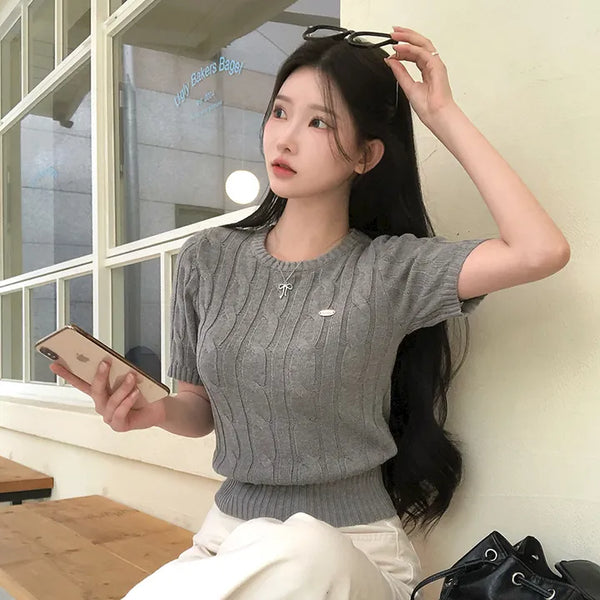 Holin Cable Knit Round Short Sleeve Knit
