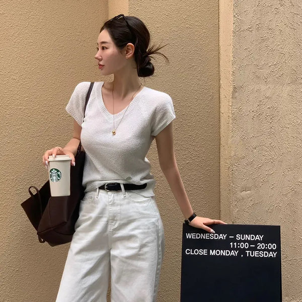 Obe Cap Sleeve V-Neck Linen Short Sleeve Knit
