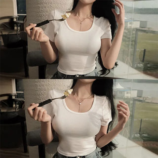 Flowy Ribbed U-Neck Crop Short Sleeve T-Shirt
