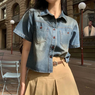 Aria Vintage Crop Denim Short Sleeve Shirt