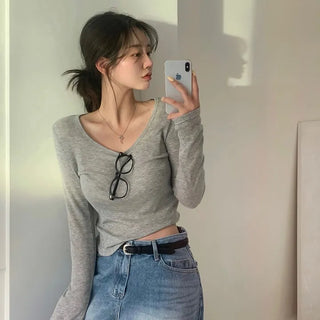Tencel Layered U-Neck Ribbed Long Sleeve Tee