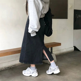Slit Basic Long Denim Skirt