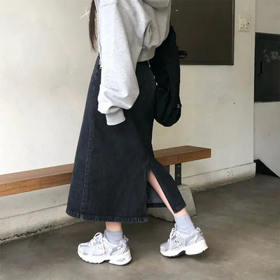 Slit Basic Long Denim Skirt