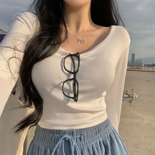 Flowy Ribbed U-Neck Basic Crop Long Sleeve Tee