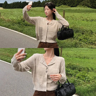 Peanut Boucle Semi-Crop Long Sleeve Cardigan