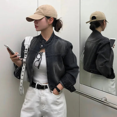 Logan Mandarin Collar Washed Denim Jacket