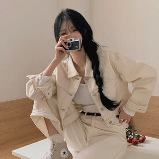 Cream Crop Button Cotton Jacket