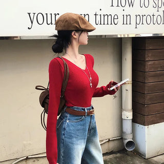 River V-neck Slim Basic Long Sleeve Knit