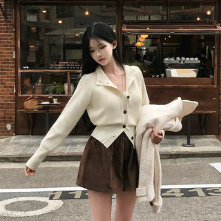 Weave Button Mock High Neck Ribbed Cinched Knit Cardigan