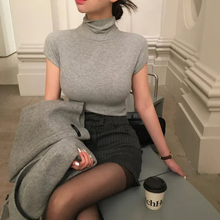 Celine Batwing Slim Ribbed Short Sleeve Turtleneck