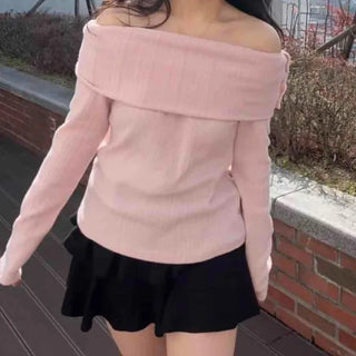Off-shoulder Turtleneck Ribbed Slim Fit Long Sleeve T-shirt