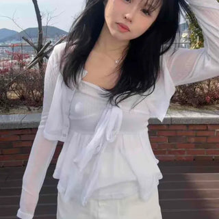 Ribbon Bustier Tiered Crop Cardigan Two-Piece