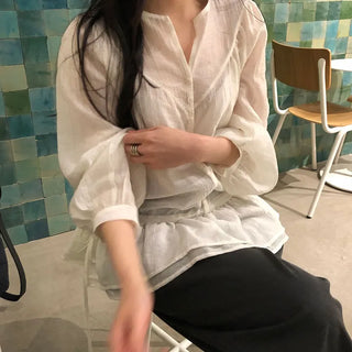 Monet Women's Long Sleeve Shirred Cut-out String Loose Fit Delicate Fit Spring/Summer Blouse  *Expected to take 10 days