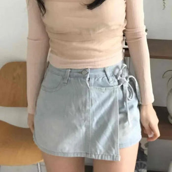 High-waisted denim skirt with wrap ribbon detail
