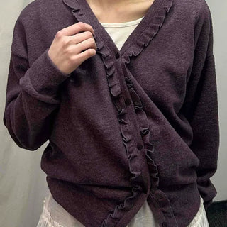 V-Neck Frill-Trim Shirred Knit Cardigan