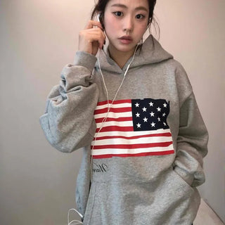 Loose Fit American Print Hoodie Sweatshirt