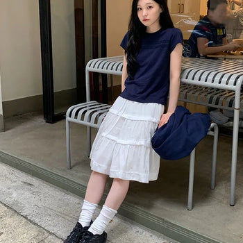 and Flared Skirt Flared Skirt/Frill Skirt/String Skirt/Cotton Skirt/Midi Skirt/Elastic Waist Skirt