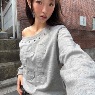 Lettering Eyelet One-Off-Shoulder Loose-Fit Sweatshirt
